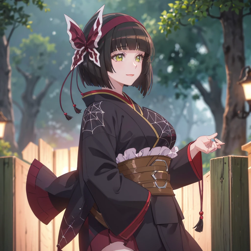 A woman wearing a traditional black kimono, with burgundy details, spider web details on the kimono, white stockings, walking on a wide road, with lots of spider webs in the trees, large breasts, green eyes, short black hair, burgundy bow over her hair, smiling, standing postured. UHD , prime work , accurate , anatomically correct , textured skin , super details , high quality , best quality, 8k, high resolution, bokeh effect. (woman alone)
