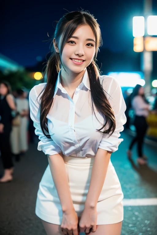 (a gorgeous lady, age 22, Formal Office Lady, white shirt and mini-skirt, natural pose under night sky, Shibuya crossing, dimpled smile, short ponytail, cute snaggletooth, ample round bosom, photorealistic, beautiful detailed eyes, beautiful detailed face, hyper-realism, high contrast, ultra HD, realistic skin textures, top image quality, top-quality, super high resolution, fine details, very meticulously, the Cowboy shot, bokeh background)