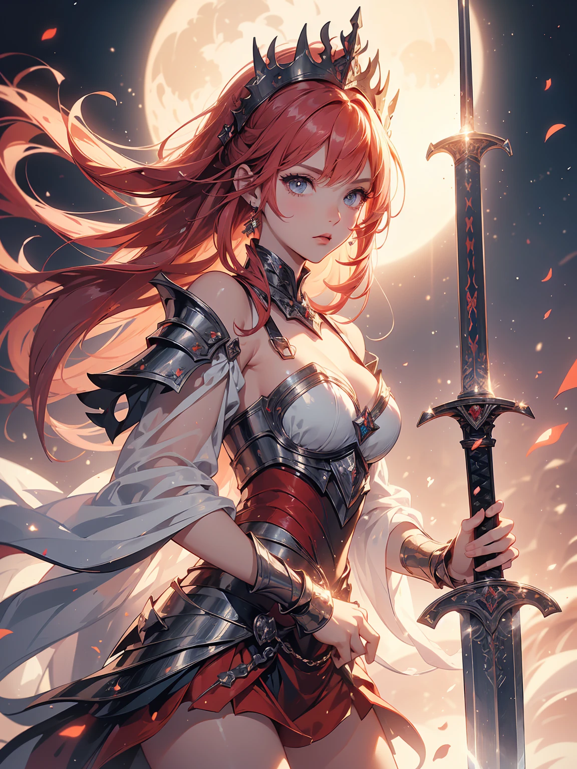 (masterpiece), best quality, fantasy art, 1girl, a girl in metal armor holding sword, ((sword of flame)), ((close-up of sword)), (huge sword), PlantedSword,(holding sword). pink_dress, white_armor,cropped shoulders armor, plate armor, armor dress,gauntlets, red hair, long hair, tiara,cleavage, thighs, thighhighs,glaring, weapeon, (sword:1.3),PlantedSword, full moon