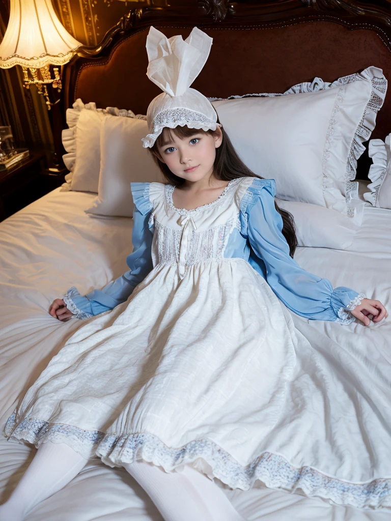 highest quality, masterpiece, highest resolution, artwork, super get used to it, many become familiar with, become familiar with, get used to it,change,Loli,girl, ((((10 years old)))),european,blonde,blue eyes,night wear,((((white nightgown)))),((フリルとリボンの付いたwhite nightgown)),((1920 style nightgowns)),((Nightcap with frills and ribbon)),victorian nightgowns,Yoke collar with ruffles and ribbons,Long sleeves with ruffles,Long skirt up to the ankle,((The whole body is reflected)),(inside the palace),(in the bedroom at night),(Luxurious rococo canopy bed),(the girl is lying on the bed),Before bedtime,White ruffled socks,