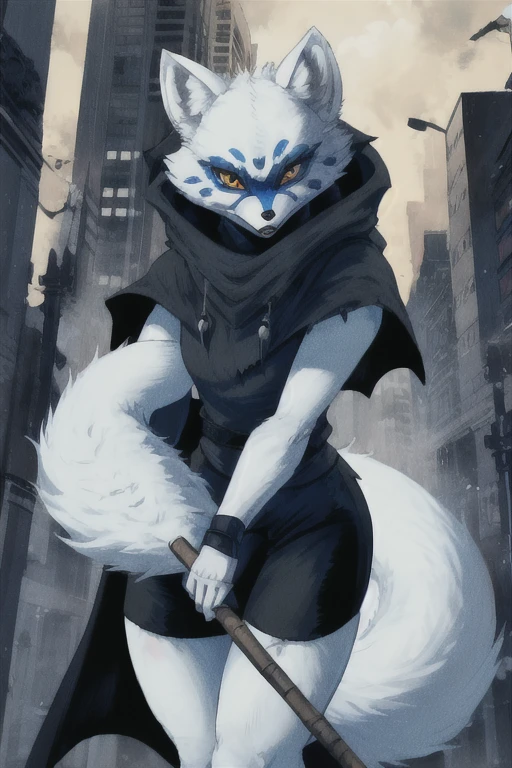 Alopex, arctic fox, furry, blue marks face, tmnt, serious look, orange eyes, girl1, solo, city, black cloak, black bandage, fox tail, black shorts, ninja sickles, holding sickles 