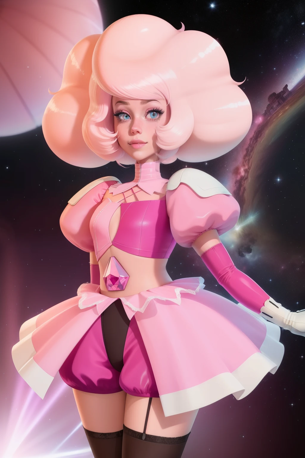pnkdamond, pink hair, pink eyes, big hair, stomach gem, pink skin, toned,
puffy short sleeves, elbow gloves , white thighhighs, puffy dress,
standing, upper body,
outerspace,
(insanely detailed, beautiful detailed face,beautiful detailed eyes, masterpiece, best quality) cinematic lighting, smile,