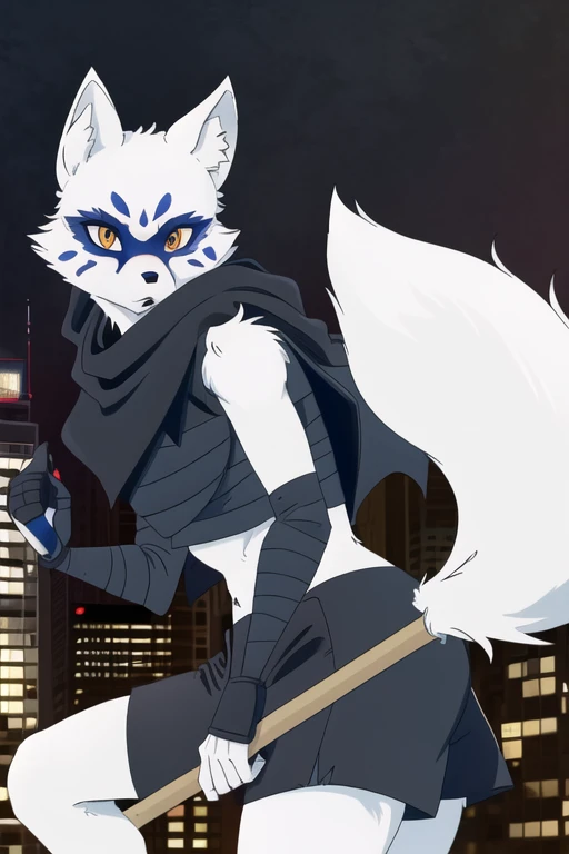 Alopex, arctic fox, furry, blue marks face, tmnt, serious look, orange eyes, girl1, solo, city, black cloak, black bandage, fox tail, black shorts, ninja sickles, holding sickles