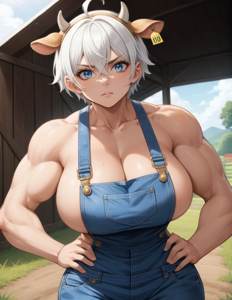 score_9, score_8_up, score_7_up, source_anime,
cowgirl, cow girl, ahoge, white hair, ice blue eyes, short hair, contempt look on face,
cleavage, collarbone, frills, overalls, suspenders ,large breasts, wide hips, milf,
outdoors, farm, cows, in a barn
looking down at viewer, cowboy shot, hands on hips, dynamic pose, cow ears, cow horns, no human ears, no shirt, skimpy clothes, tall, muscular, bulky, milk, only one set of ears, cow ears, woman looking down at viewer, viewer looking up from below, viewer in her shadow, broad shoulders, hulking body