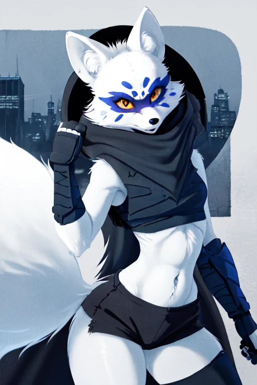 Alopex, arctic fox, furry, blue marks face, tmnt, serious look, orange eyes, girl1, solo, city, black cloak, black bandage, fox tail, black shorts, ninja sickles, holding sickles 