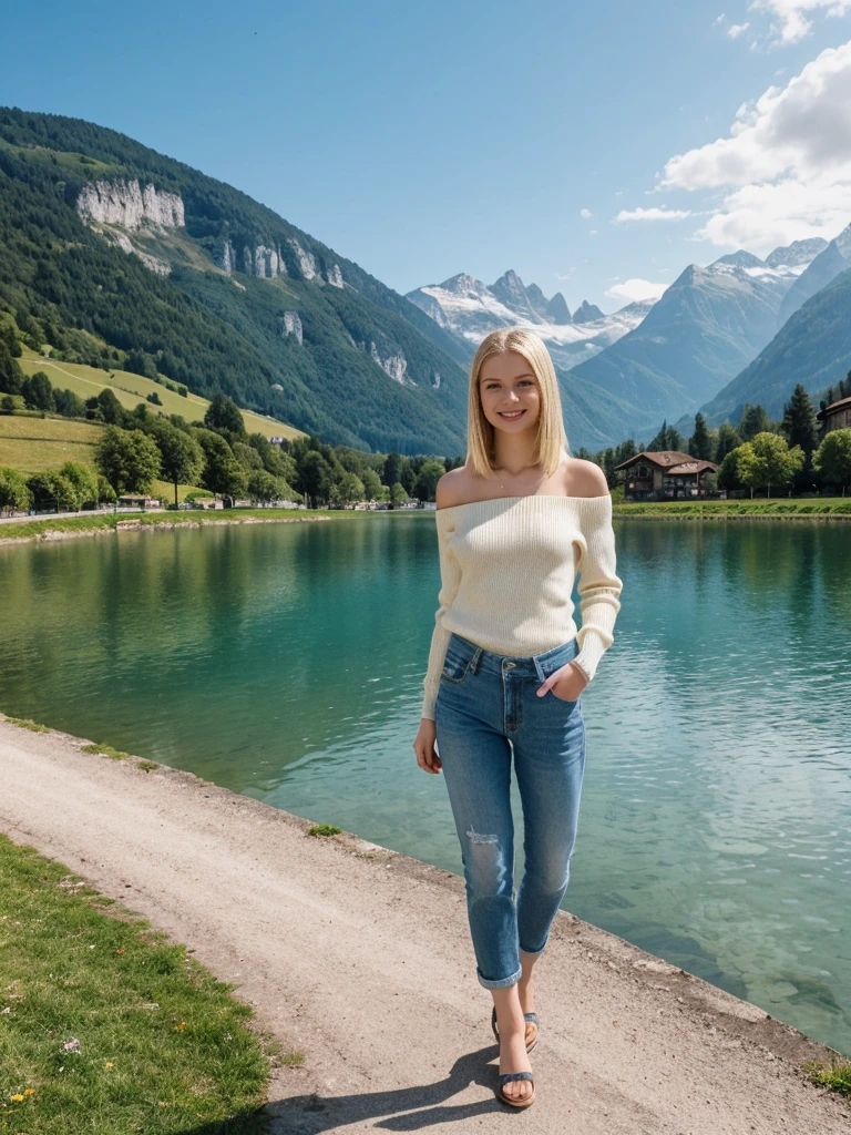 her name is Marie, 1girl, ((20-year-old fit Caucasian woman)), ((20 years old)), ((fit)), , ((pale skin tone)), ((medium length straight blonde hair)), wearing a cut-out shoulder knit sweater with patchwork denim jeans, smiling, pose: standing, background: Write about the serene beauty of Switzerland's Lake Geneva, surrounded by the majestic Alps and dotted with charming lakeside towns and vineyards