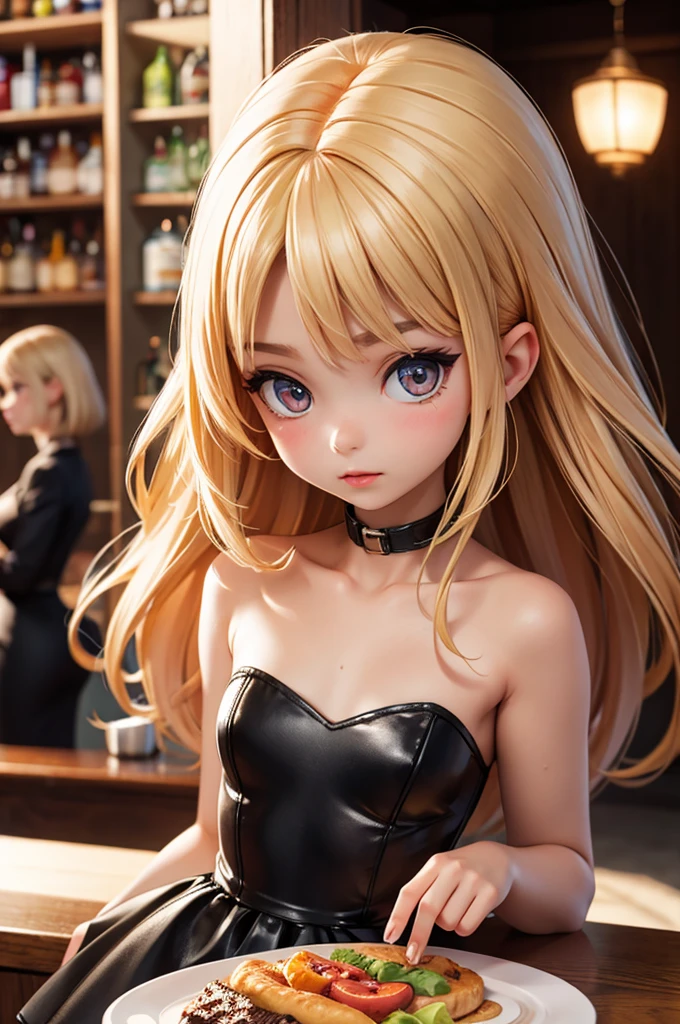 (bar) (night) hyperrealistic  american teen, blonderfect tiny body, sexy, dark makeup, perfect slim face, big red lips, very cute face, tiny body, big eyes, young looking, childish looking, tight black dress, big breasts, deep neckline, holding a glass of wine, sitting
