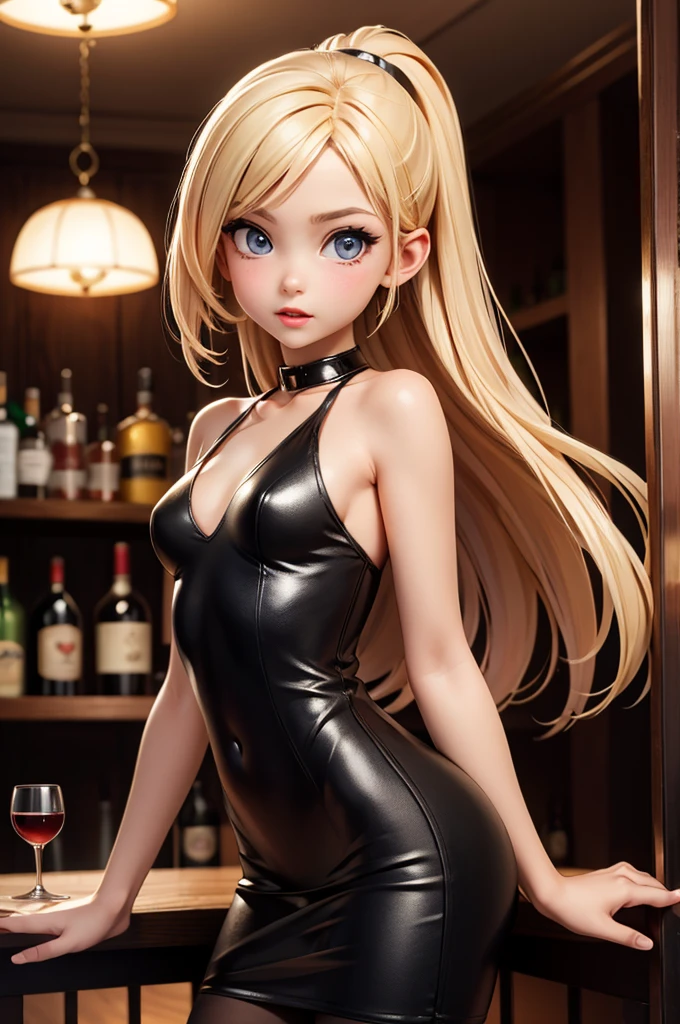 (bar) (night) hyperrealistic american teen, blonderfect tiny body, sexy, dark makeup, perfect slim face, big red lips, very cute face, tiny body, big eyes, young looking, childish looking, tight black dress, dinner ,Holding a glass of wine