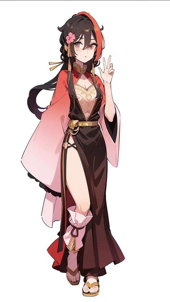 ((Masterpiece, highest quality)), detailed face, character sheet, Full body, 1girl, beautiful detailed eyes, black hair, long hair, ((Voluminous hair)), hair between eyes, beauty red dress with detailed golden pattern, very long dress, very large dress, very large sleeve, very large silk red cloak, best decoration, best wrinkles, 8K resolution, full of details, multiple poses and expressions, highly detailed, depth, many parts