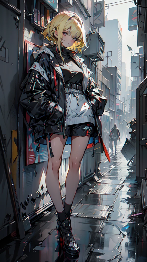 1 girl, short yellow hair, cyberpunk, Alice in Wonderland, black high heels, hand in pocket, best quality, 4k, 8k, highres, masterpiece:1.2, ultra-detailed, realistic, photorealistic, photo-realistic:1.37, HDR, UHD, studio lighting, ultra-fine painting, sharp focus, physically-based rendering, extreme detail description, professional, vivid colors, bokeh, concept art