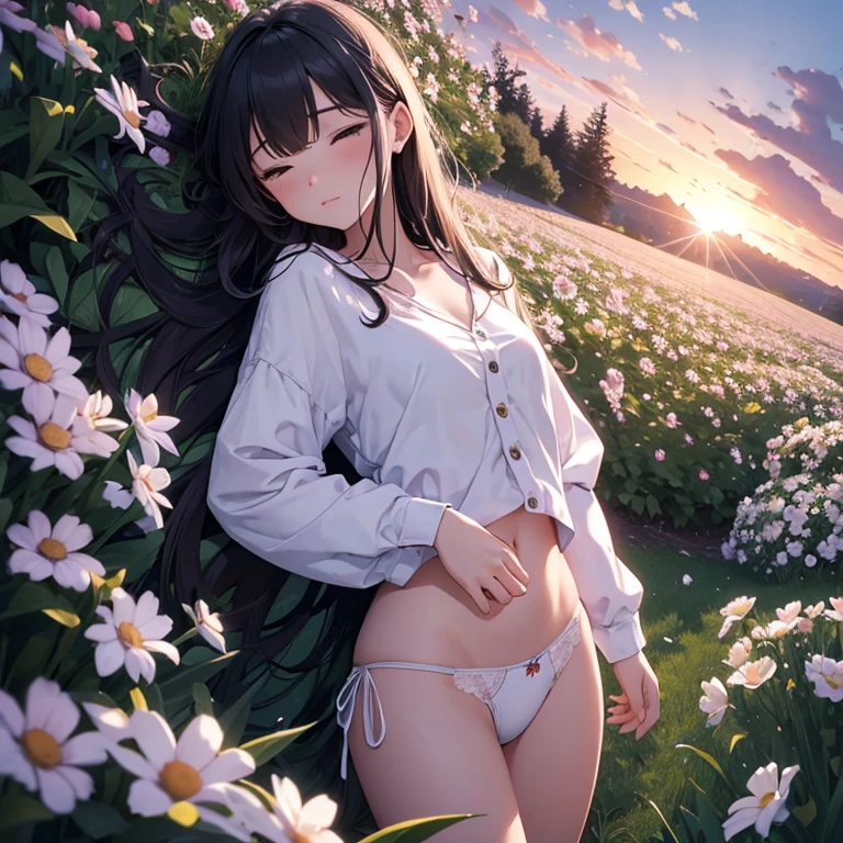 Superflat, Flat Shading, Flat Color, close, Low Angle, Wide-angle, One Girl， 19 years old，sleeping pajamas, (White floral panties:1.2)，Standing in a flowery meadow，At dusk，Beautiful sunrise，dark，Vibrant colors，