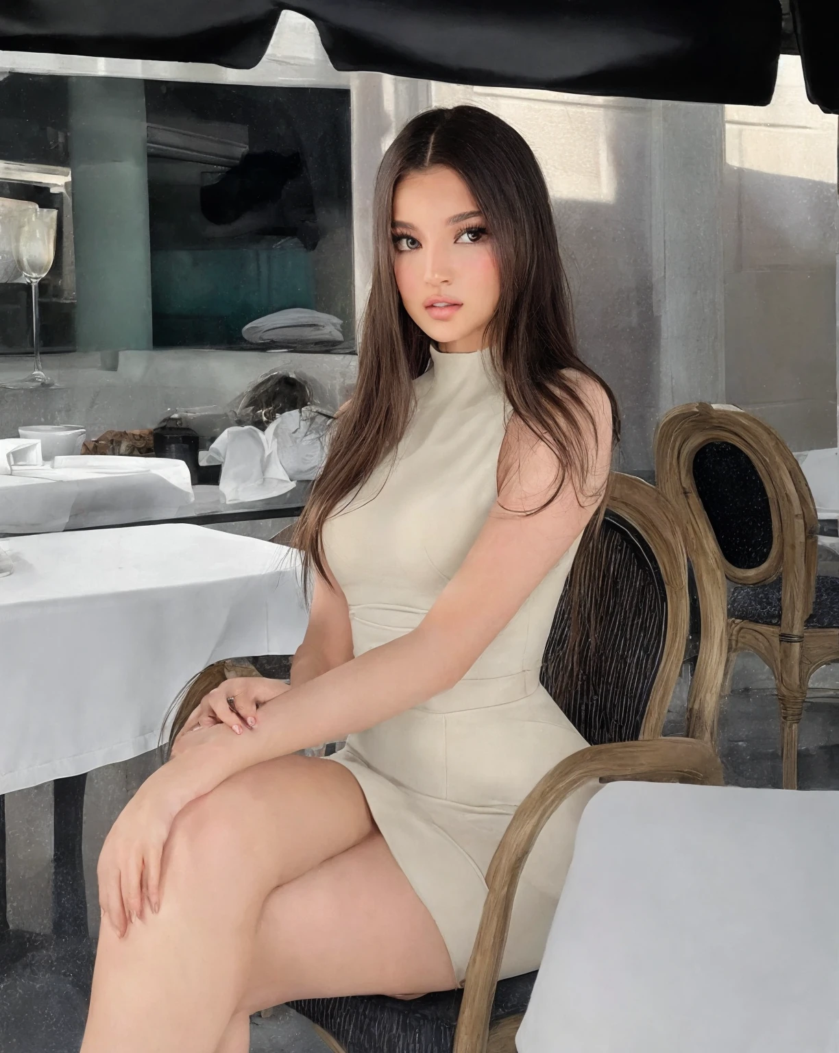 There is a woman sitting at a table with a white tablecloth, Kailee Mandel, Sitting at a table, tight suit, Violet Myers, fitted dress, pose casual, 2 4 year old female model, Portrait Sophie Mudd, Wear simple, tight clothing, 18 years, she is about 20 years old, she is about 2 0 years old