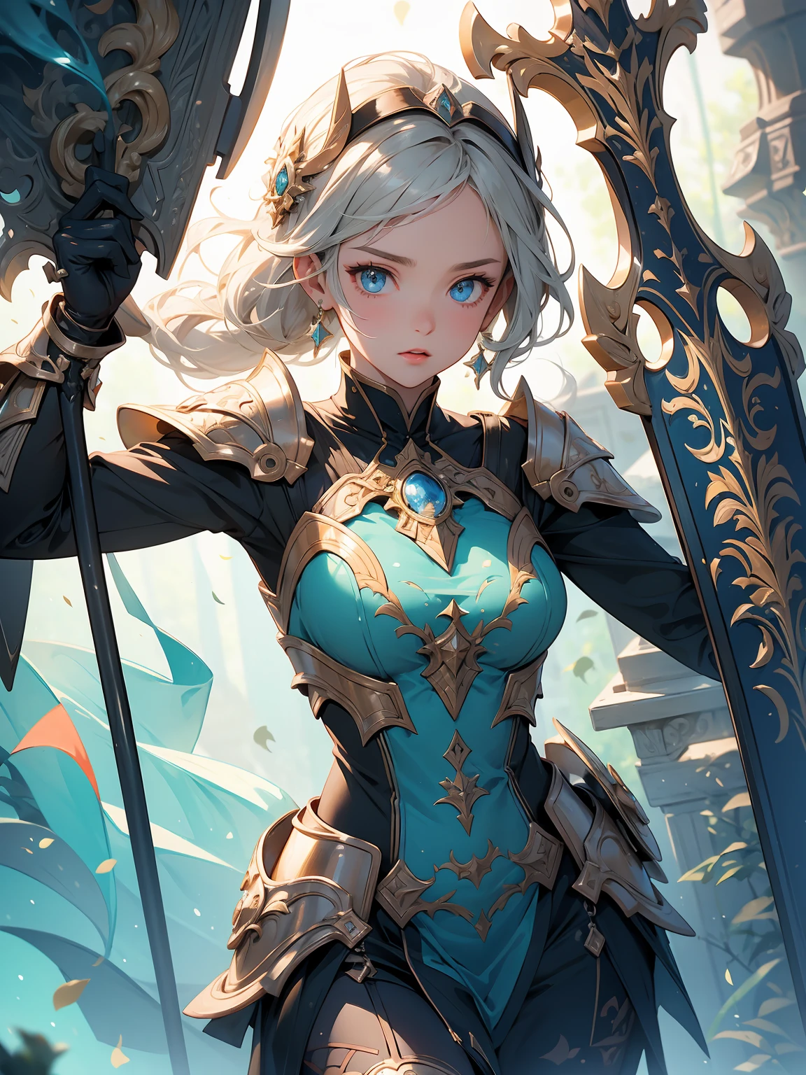 ((Masterpiece, Highest quality)), Detailed face, CharacterDesignSheet, full bodyesbian, Full of details, Multiple poses and expressions, Highly detailed, Depth, Many parts,Beautiful paladin girl,(intricate Armor), (intricate mace), (intricate shield) High Balance, Natural light, Star decoration