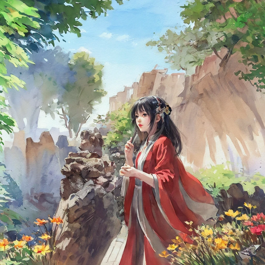 stechu,(white background:1.4), ((tachi-e)), original,(illustration:1.1),(best quality),(masterpiece:1.1),(extremely detailed CG unity 8k wallpaper:1.1), (colorful:0.9),(panorama shot:1.4),(solo:1.2), (ink splashing),(color splashing),((watercolor)), clear sharp focus,{ 1girl standing },((korean style )),flower background,outdoors,rocks, looking at viewer, make happy expressions,soft smile,pure,beautyfull detailed face and eyes,beautyfull intricacy clothing decorative pattern details, black hair,black eyes,colorwater