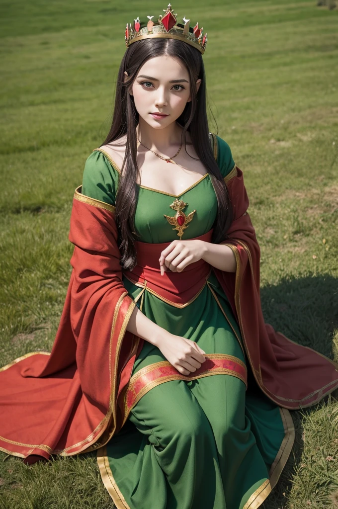 A woman in medieval times dressed in green and red with a very beautiful small simple crown sitting on the grass floor