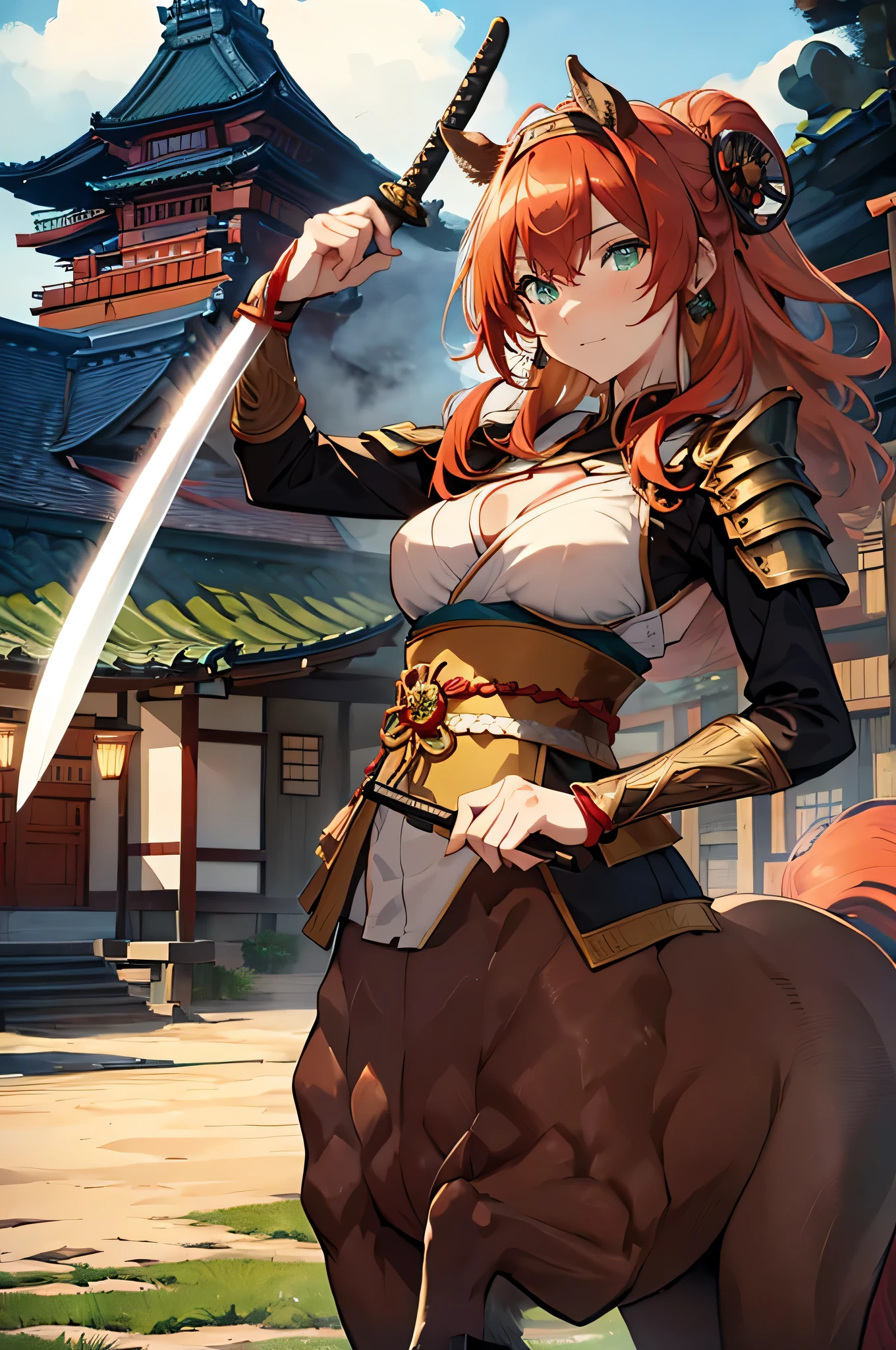 4K,High resolution,One Woman,centaur,Red Hair,long hair,Green Eyes,Brown fur,Samurai,白色のSamuraiの鎧,Full Armor,hair band,Jewelry decoration,Big Japan sword,Japanese Castle Town