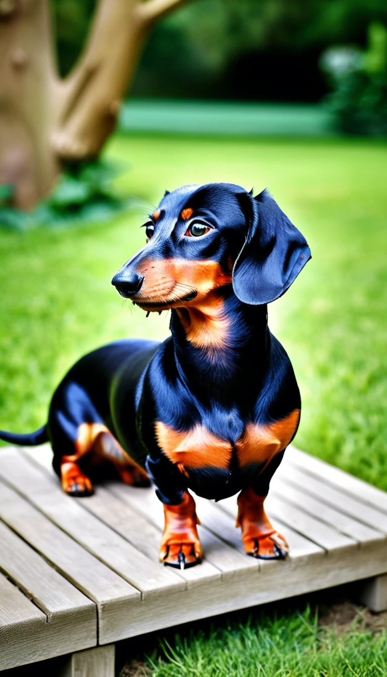 There is no one, realistic photo, photo realism, realism, dachshund (Dachshund), perfect composition, intricate details, Very sharp, masterpiece, profile, high resolution, looking at the viewer, Full body photo in garden background