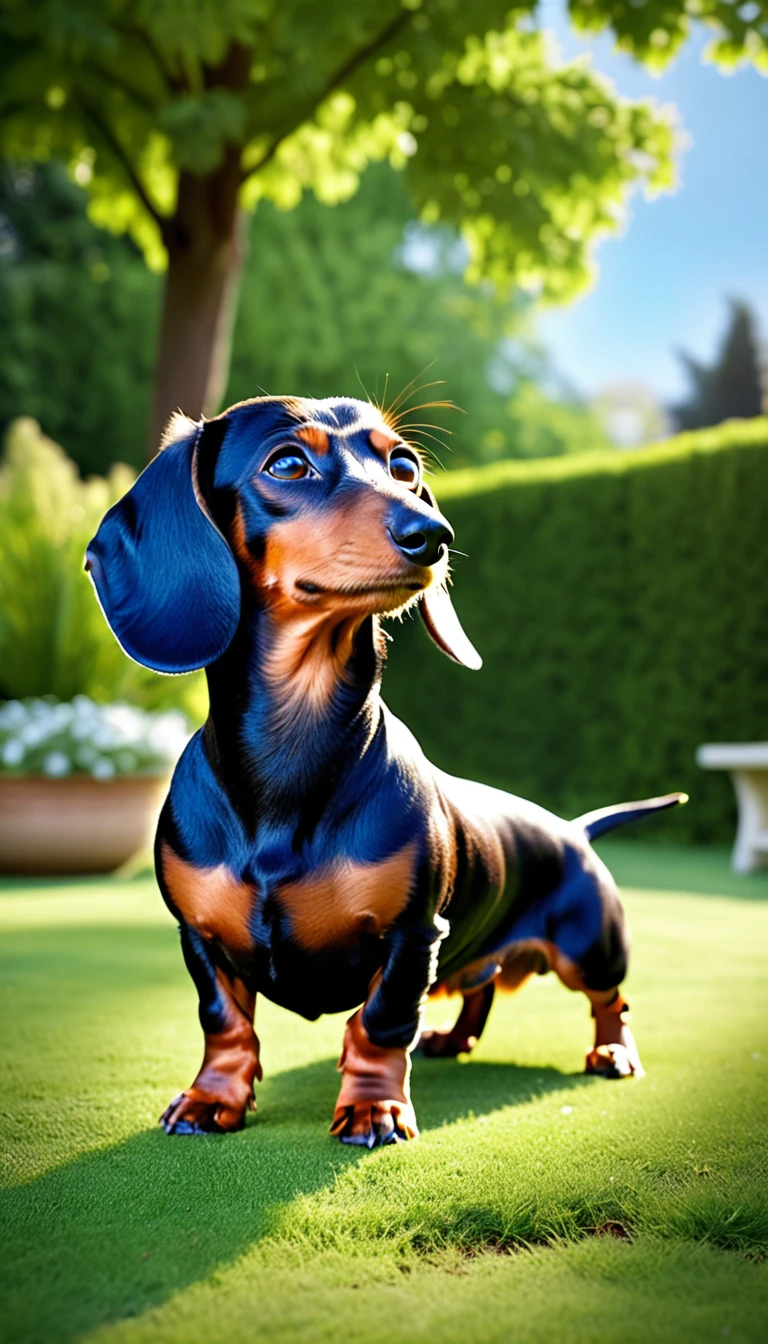 There is no one, realistic photo, photo realism, realism, dachshund (Dachshund), perfect composition, intricate details, Very sharp, masterpiece, profile, high resolution, looking at the viewer, Full body photo in garden background