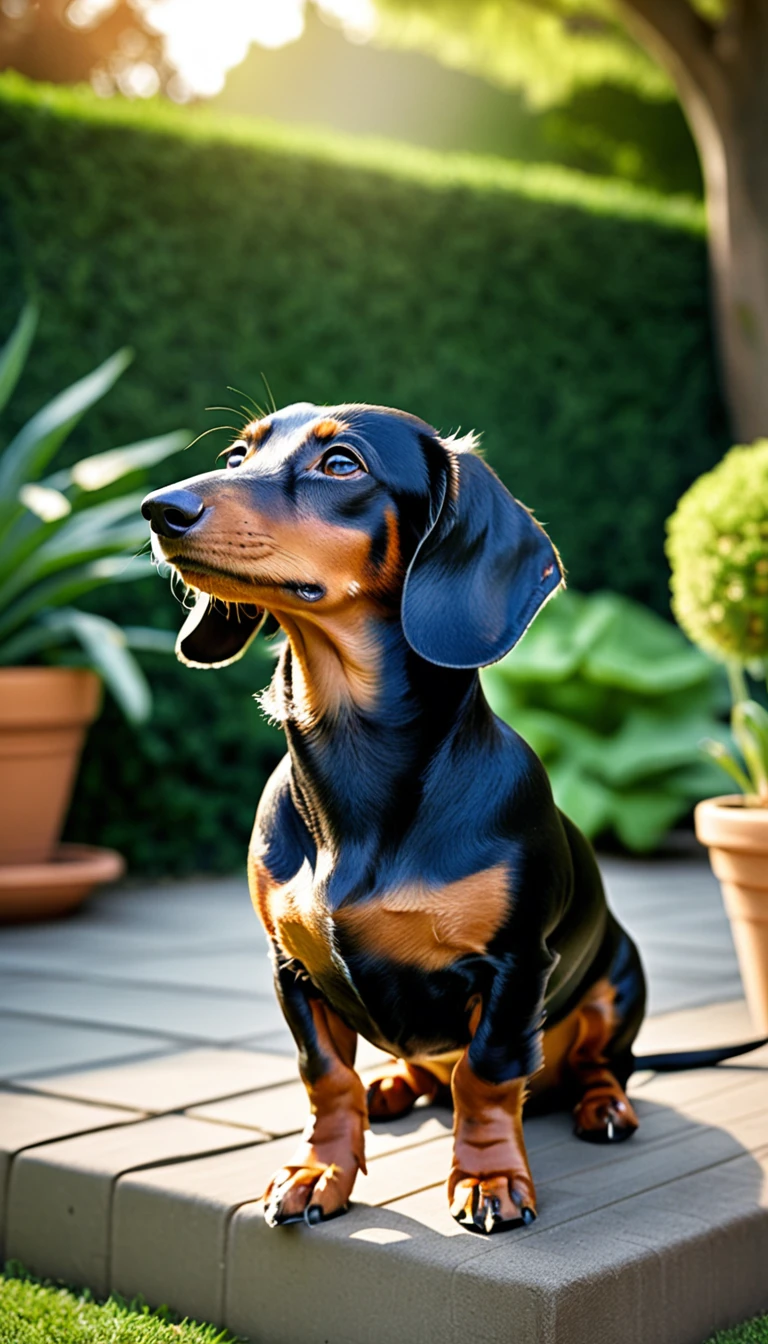 There is no one, realistic photo, photo realism, realism, dachshund (Dachshund), perfect composition, intricate details, Very sharp, masterpiece, profile, high resolution, looking at the viewer, Full body photo in garden background