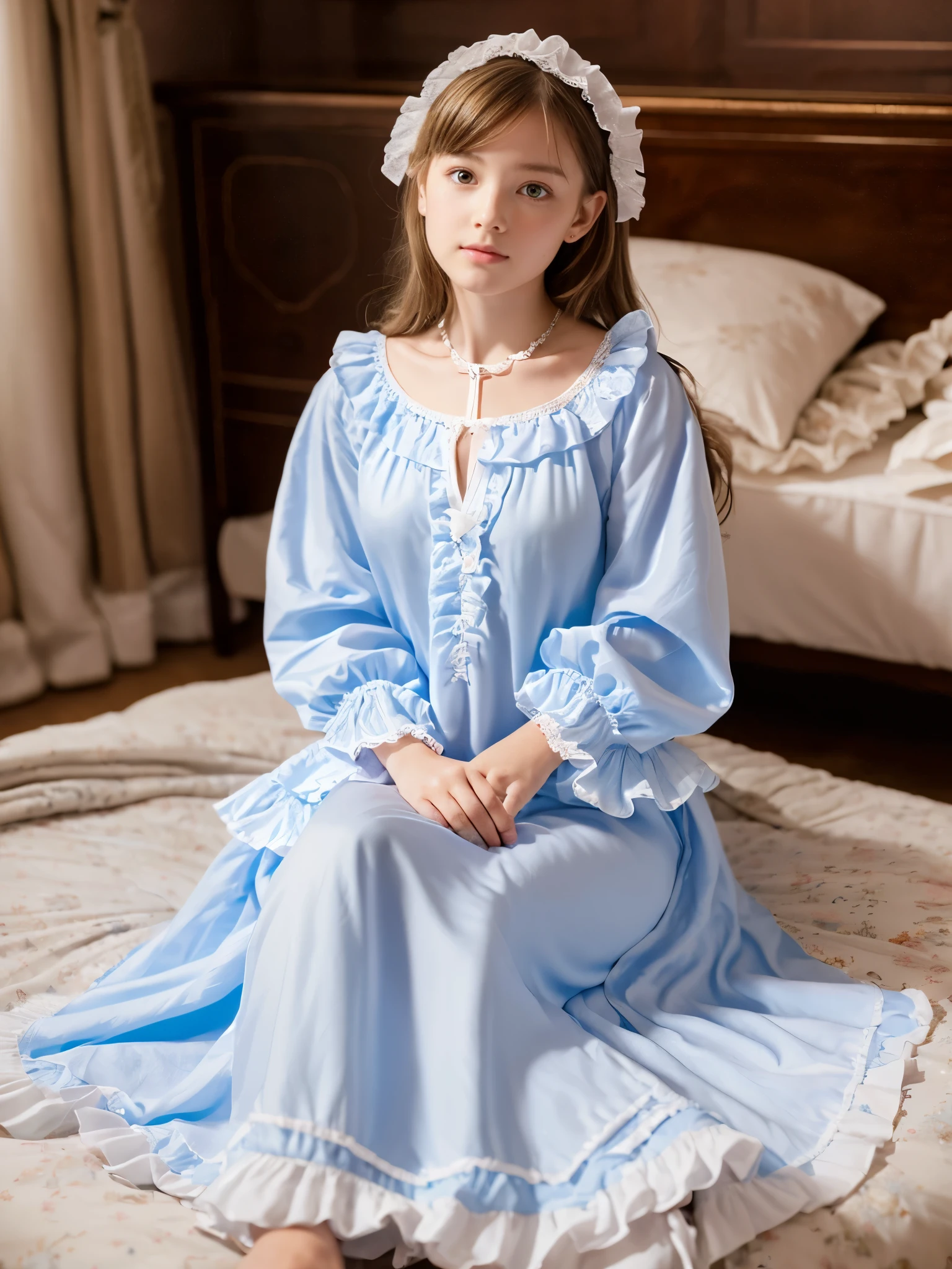 highest quality, masterpiece, highest resolution, artwork, super get used to it, many become familiar with, become familiar with, get used to it,change,Loli,girl, ((((10 years old)))),european,blonde,blue eyes,night wear,((((white nightgown)))),((フリルとリボンの付いたwhite nightgown)),((1920 style nightgowns)),((Nightcap with frills and ribbon)),victorian nightgowns,Yoke collar with ruffles and ribbons,Long sleeves with ruffles,Long skirt up to the ankle,((The whole body is reflected)),(inside the palace),(in the bedroom at night),(Luxurious rococo canopy bed),(the girl is lying on the bed),Before bedtime,White ruffled socks,