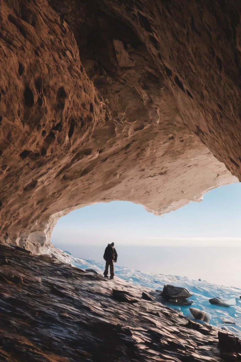 Scenery of a very old desolate and frozen cave, environment with sad and lonely atmosphere, background scenery in dim light, cave walls with details of rocks and ice, shades of ancient ice and with light mist, man in clothes of explored of the arctic on the edge of cliff inside the cave observing the scenery in the distance and below,  intricate, realism, François Baranger-style art, cosmicism in the details, alien touches as in the film The Thing 1982.