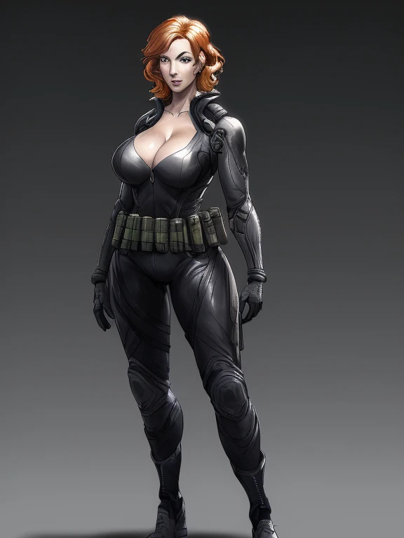 Christina Hendricks as an Splinter Cell character, alluring 48 year old woman, High-quality facial research of Christina Hendricks, (Christina's sculpted cheekbones and slight wrinkles around the face), High-quality detailed research of Christina Hendricks voluptuous figure, buxom chested. Fingerless Gloves, skin-tight black leather suit, utility belt. Whole body, Casual pose, Beautiful pose, (Extremely detailed CG 8k wallpaper), (Extremely delicate and beautiful), (Masterpiece), (Best quality: 1.0), (Ultra-high resolution: 1.0), Beautiful lighting, Perfect lighting, Realistic shadows, [high resolution], Detailed skin, Super detailed (((Colorful))), Digital art, Splinter Cell concept art, full body concept art, Expert concept art with high detail, concept-art, stealth game concept art, concept-art, Bruno Gauthier Leblanc style, Video game concept art, 4K, full body portrait
