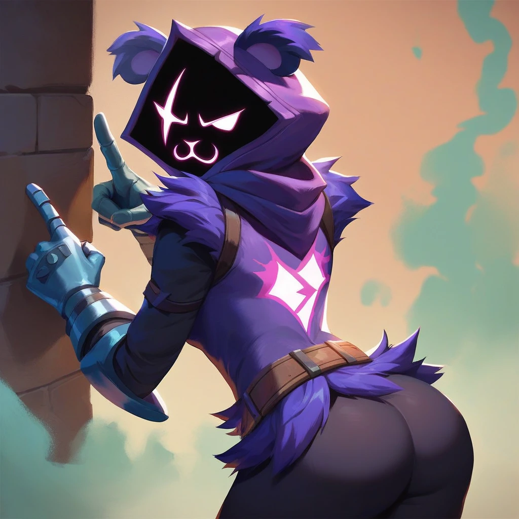 Raven team leader,purple hoodie, with no face, shadowed face, animal ears,purple skin, scar on eye, body skin, purple fur, waist belt, torso symbol, metal gloves, pointing your ass at the viewer, leaning forward, pushing, she closes her eyes, hands resting on a wall, farting hard, would be green, green smoke in her ass, scenery with green smoke, she farting, she is passing gas, farts, gases. her with her eyes closed, hands are not in the air, expression of force, stomachache, stomach growling. day Of course