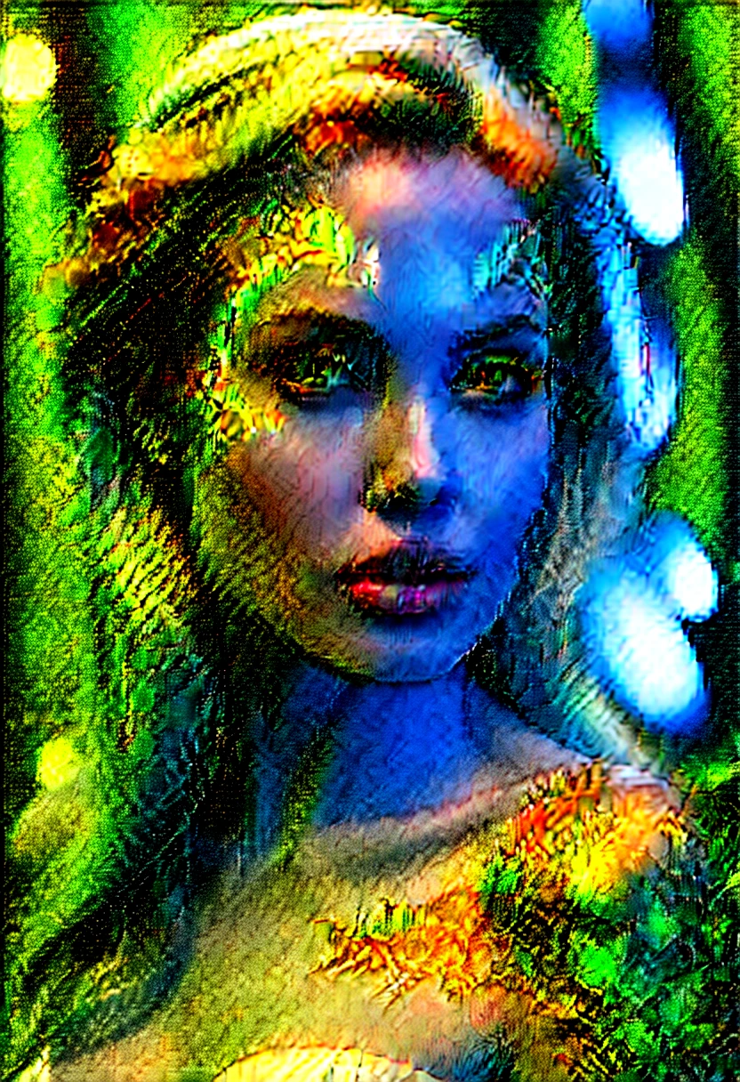 Generate an image of a young woman, similar to Angelina Jolie, with white skin adorned with intricate details., blondie hair, multicolored photoluminescent tattoos, surrounded by magical glow in a mystical forest. Convey an air of mystery and fantasy through your expressions and environments. super realistico