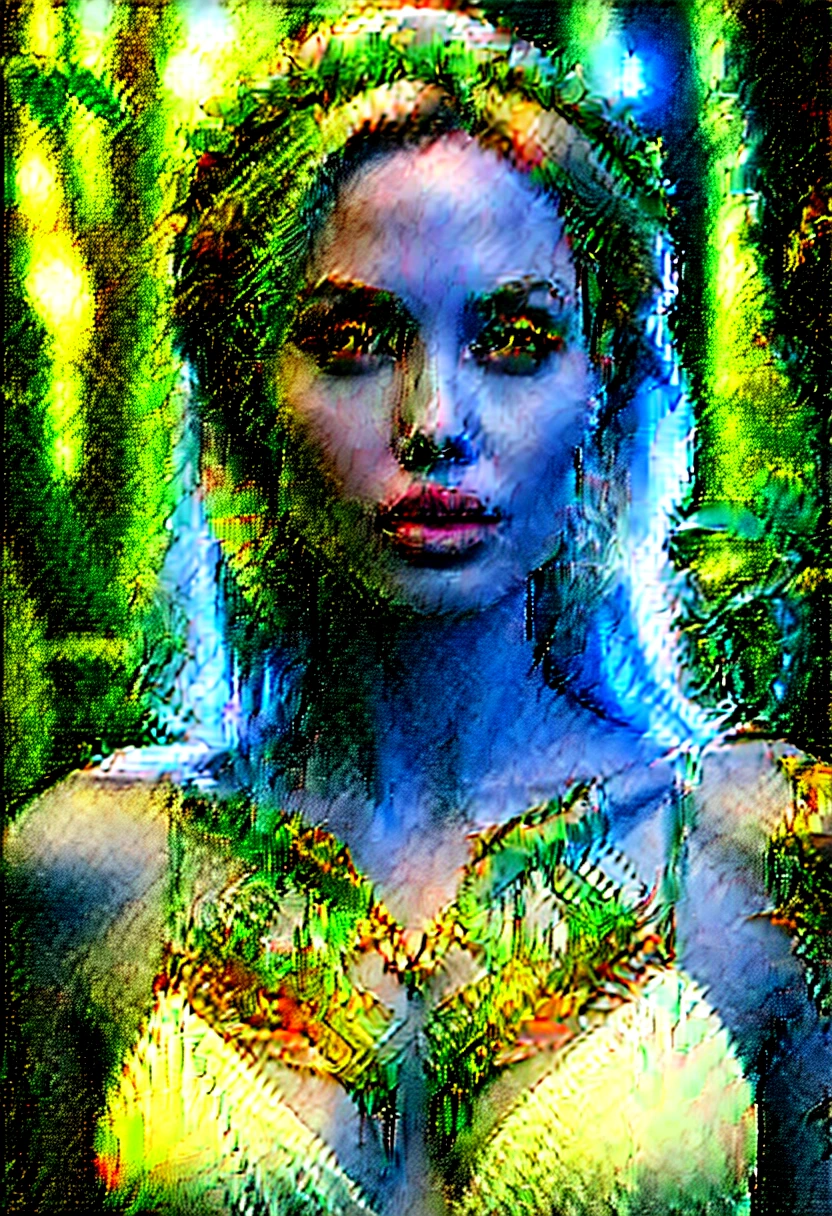 Generate an image of a young woman, similar to Angelina Jolie, with white skin adorned with intricate details., blondie hair, multicolored photoluminescent tattoos, surrounded by magical glow in a mystical forest. Convey an air of mystery and fantasy through your expressions and environments. super realistico