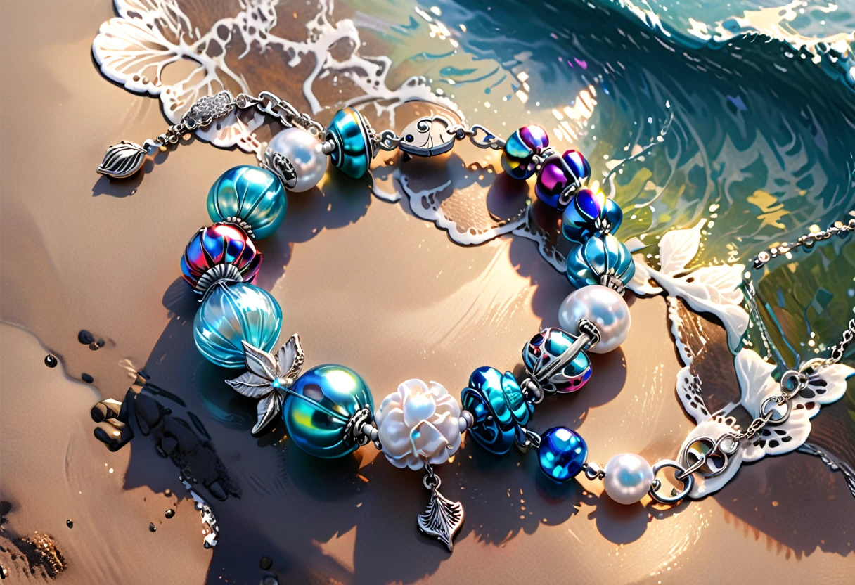 A shiny silver bracelet, marine-themed charms, pearls, transparent colorful beads, delicate thin chain, (best quality, 4k, 8k, highres, masterpiece:1.2), ultra-detailed, (realistic, photorealistic, photo-realistic:1.37), intricate jewelry design, exquisite craftsmanship, shimmering metallic, ocean-inspired, iridescent pearls, vibrant hues, delicate filigree, elegant accessory, feminine aesthetics, close-up, detailed texture, soft focus, warm lighting