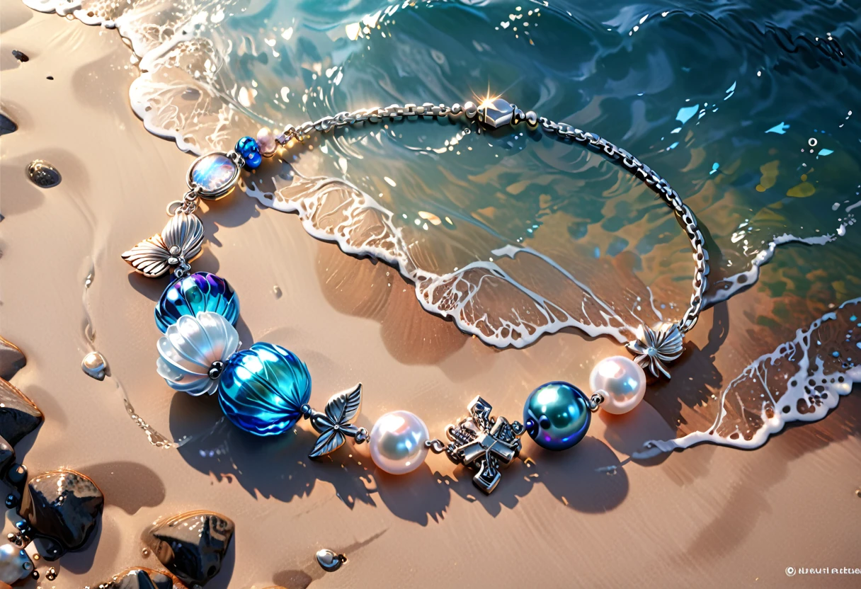 A shiny silver bracelet, marine-themed charms, pearls, transparent colorful beads, delicate thin chain, (best quality, 4k, 8k, highres, masterpiece:1.2), ultra-detailed, (realistic, photorealistic, photo-realistic:1.37), intricate jewelry design, exquisite craftsmanship, shimmering metallic, ocean-inspired, iridescent pearls, vibrant hues, delicate filigree, elegant accessory, feminine aesthetics, close-up, detailed texture, soft focus, warm lighting