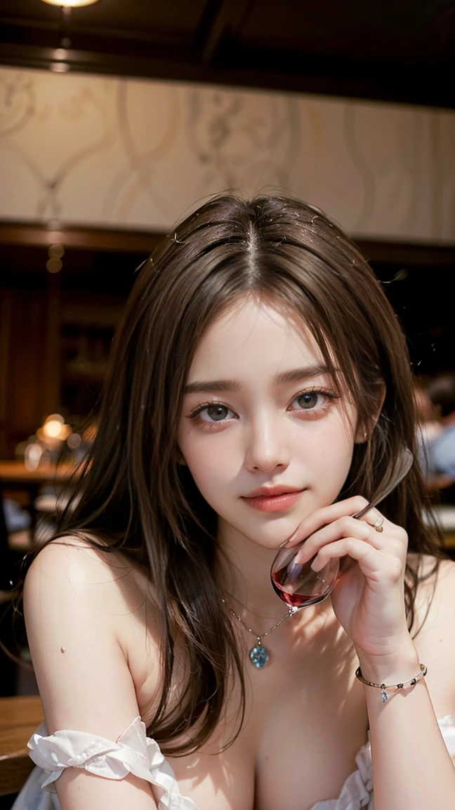 (Masterpiece, BestQuality:1.3), (ultra detailed:1.2), (hyperrealistic:1.3), (RAW photo:1.2),High detail RAW color photo, professional photograph, (Photorealistic:1.4), (realistic:1.4), ,professional lighting, (japanese), beautiful face, (realistic face), cute woman, (Brown Hair, Big Tits:1.5), (cheerful Smile:1.35), Trending Hair&Trending Hairカラーをランダムに, earrings, necklace, bracelet, sexly, erotic sexly, Random sexy gravure poses, (Sexy beauty in a white cocktail dress、Enjoying dinner at a fine restaurant、Straight blonde hair、A graceful smile、Holding a wine glass。:1.3)