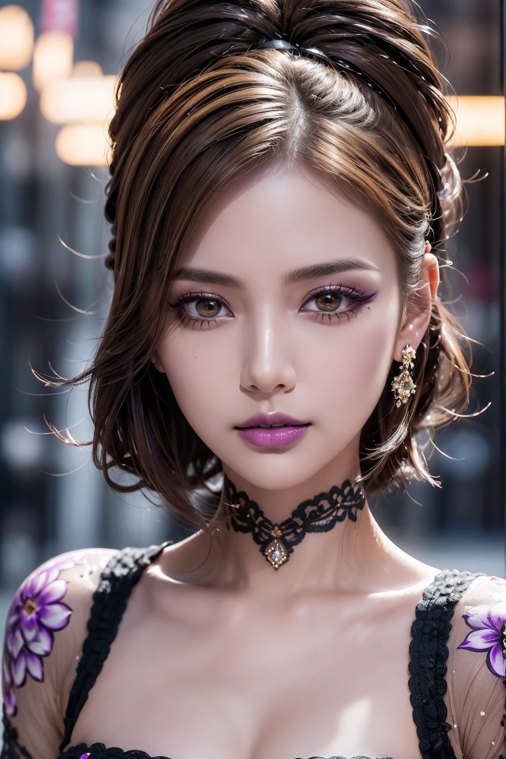 ((portrait of a girl in the dark, ultraviolet backlighting on her back:1.2)), (1girl: 1.3, 22 years), ((Glowing 3D objects interact with graphics,Super detailed illustrations)), super colourful and extremely intricately detailed photo of Hyperrealistic art Wonderful, intricate, (colorful), photorealistic Realism 8K, 16K Quality, fashion supermodel, (Glamour, paparazzi taking pictures of her), (beautiful slim and sharp face), (((Hyper absurd details of realistic , perfectly round brown eyes: 1.3) in Ultra absurd quality and resolution)), (light pale complexion), ((Ultra sharp eyes, clear absurd quality, not blurry)), ((fine detailed pupils: 1.4) ), pink_makeup:1.2, blue_eyeliner, red_lipstick:1.2,(perfect dark_eyeshadows), (Detailed nose:1.2), Intricate detail face, best high quality real texture skin, (perfect composition), ((creative spring flowers uv portrait glowin body art painting:1.33)), ((fluorescent flower clusters printed on her skin: 1.4)), ((fluorescent paint whole body:1.37)), ((A model shows off glowing body paint covering her private parts in a vivid artistic display:1.3))), ((Beautiful girl with long legs and good style:1.2)), ((firm and full breasts)), (dynamic pose:1.25),((no_Pantise)),(Erotic:1.33), (((cowboy shot))),