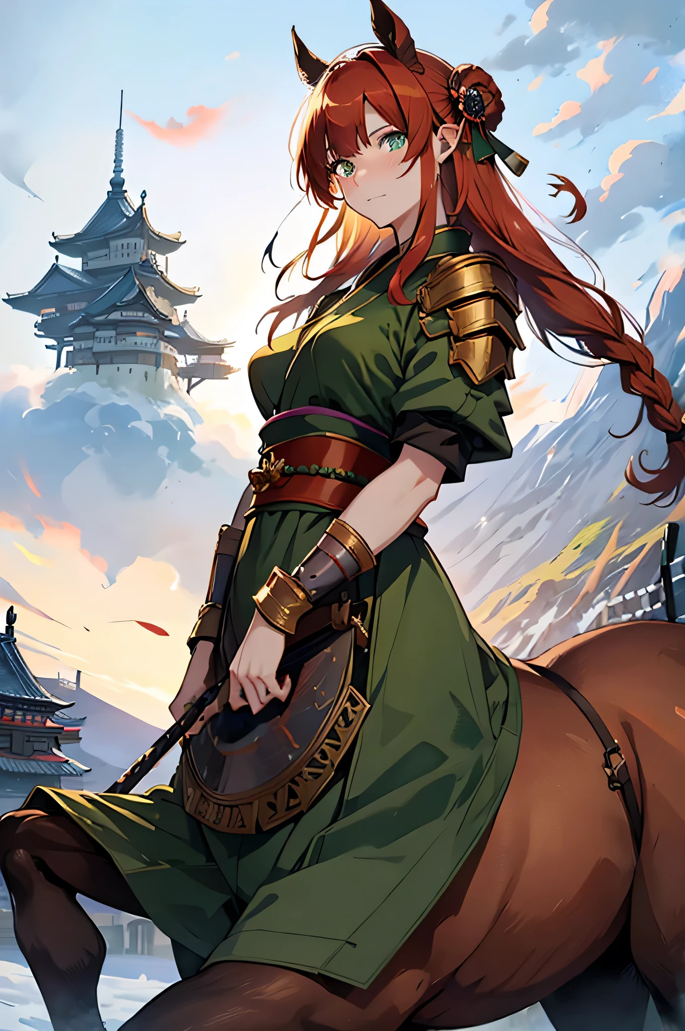 4K,High resolution,One Woman,centaur,Red Hair,long hair,Green Eyes,Brown fur,Samurai,白色のSamuraiの鎧,Full Armor,hair band,Jewelry decoration,Big Japan sword,Japanese Castle Town