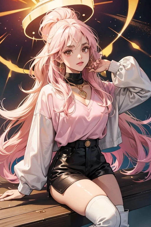 D.J. has brown skin, dark brown eyebrows, light pink lips and brown eyes. Her light pink hair is worn on the top of her head in a large swirl streaked with a darker pink. She wears a white top with a gold jacket with black cuffs, black shorts with a white line on each side, a gold chain around her neck, and black knee-high boots with a white details.  SPARKLE; GLITTER
