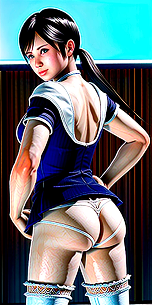 High resolution, Highest quality, super high quality, Ultra-detailed, Cinematic lighting、small 、School Library、On all fours、Ass close up、Embarrassing、Black-haired、Sweat、Sweaty、Surrounded by books、White panties、Short sleeve black sailor suit、Perfect Ass、Nice ass、Eyes from below、White full back panties