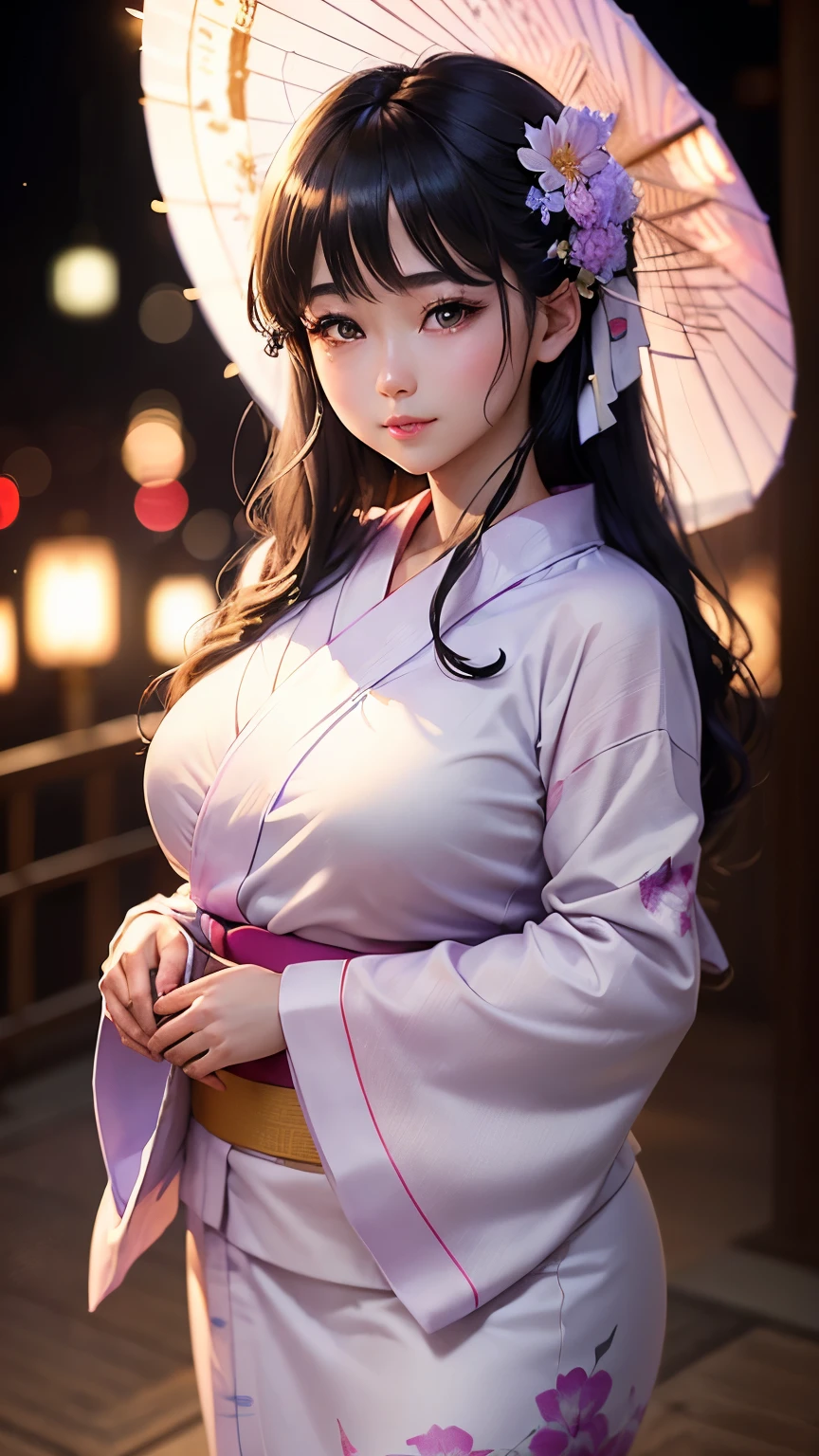 (logo、masterpiece、8K、Tabletop、RAW Photos、wonderful、最high quality、フォトリアリスティックでVery detailedな CG 複合 8K 壁紙、high quality、Very detailed、Narrative poem、Particle Effects、Dynamic Effects、Depth of the Boundary、Cinematic Light、Lens flare、Ray Tracing）、 (One beautiful woman wearing a yukata、White yukata、Light purple pattern)、Black-haired、High definition skin、Very fine、Fine skin texture、Beautiful Face、True Face、Beautiful details in the eyes、Realistic eyes、Beautifully detailed eyes、Realistic Skin、Beautiful Skin、Surreal、Smiling Eyes、Hair and light eyes、vivid、Colorful lights and bokeh、plump lower lip、Pink Lips、Hair flutters in Wind、Hair bounces、wonderful景色、night、evening、Wind、moonlight、moonlight、light