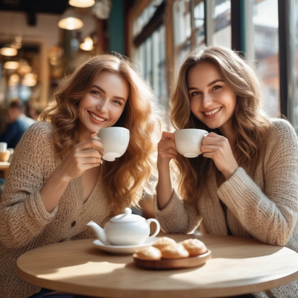 Two super beautiful foreign women drinking tea with a smile, in a coffee shop where the sun shines through, (detailed hands, fingers, legs), upper body up, super delicate, photo, 3D