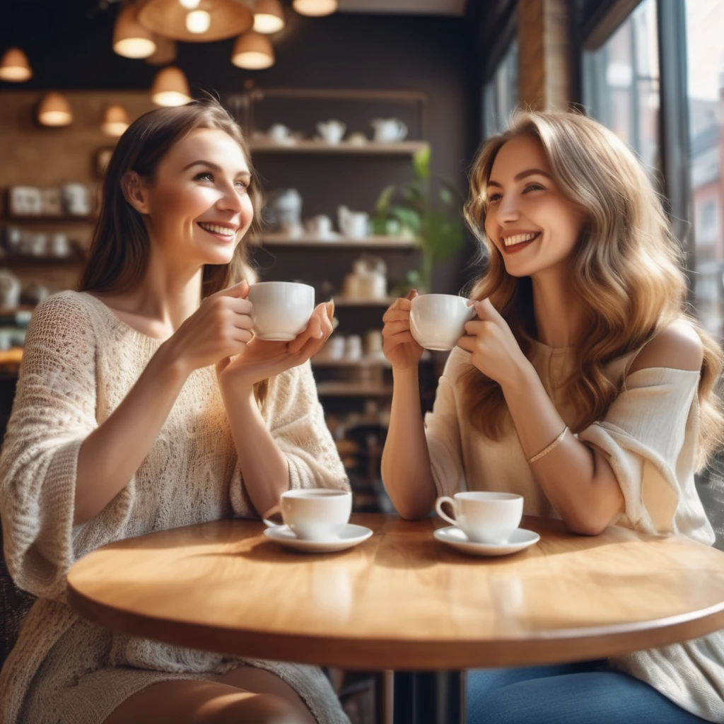 Two super beautiful foreign women drinking tea with a smile, in a coffee shop where the sun shines through, (detailed hands, fingers, legs), upper body up, super delicate, photo, 3D