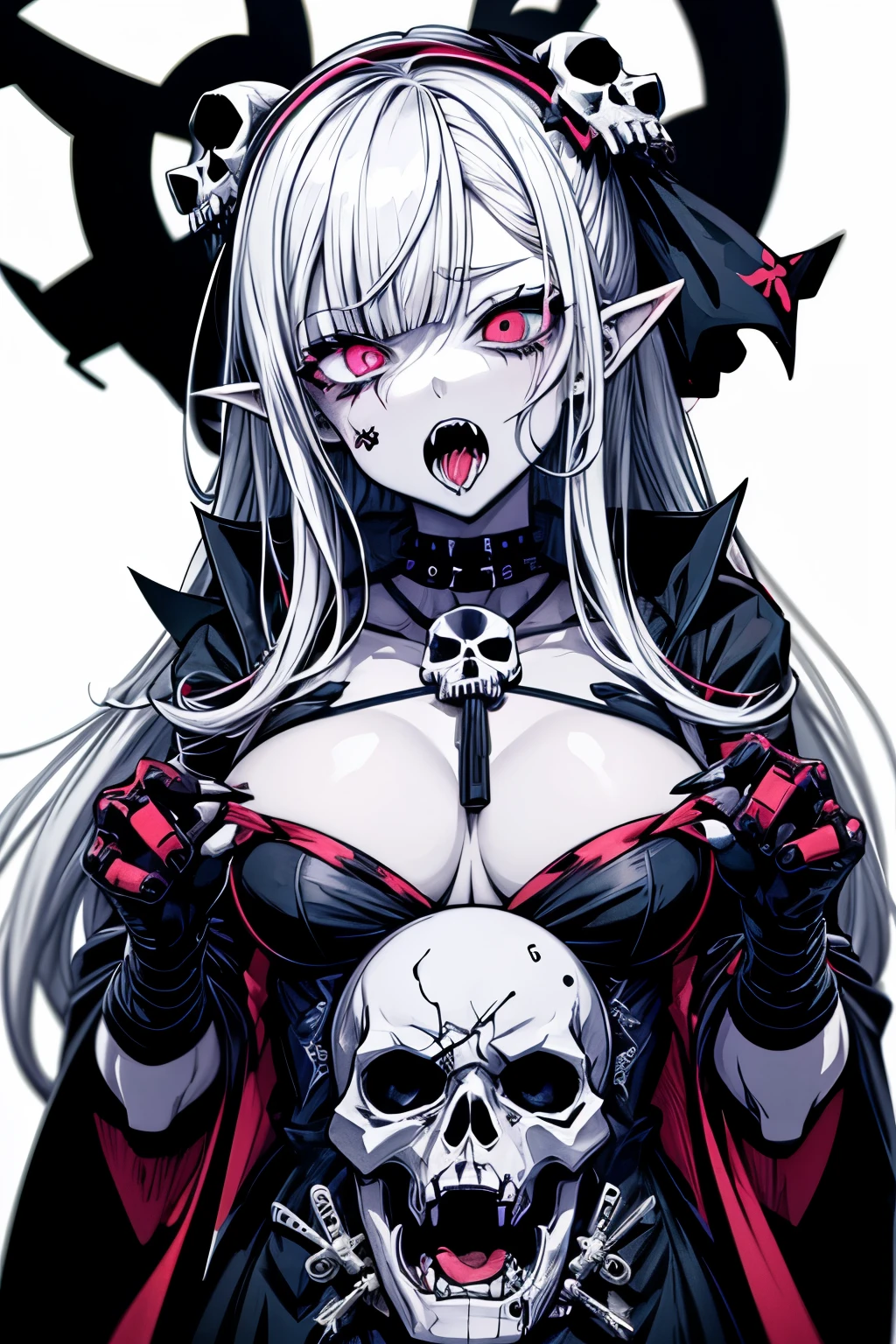 ahegao,anime zombie witch design, crossbones, skulls, street wear design, pro vector, Horror style, full design, 6 colors only, solid colors, no shadows, full design, sticker, bright colors, white background.