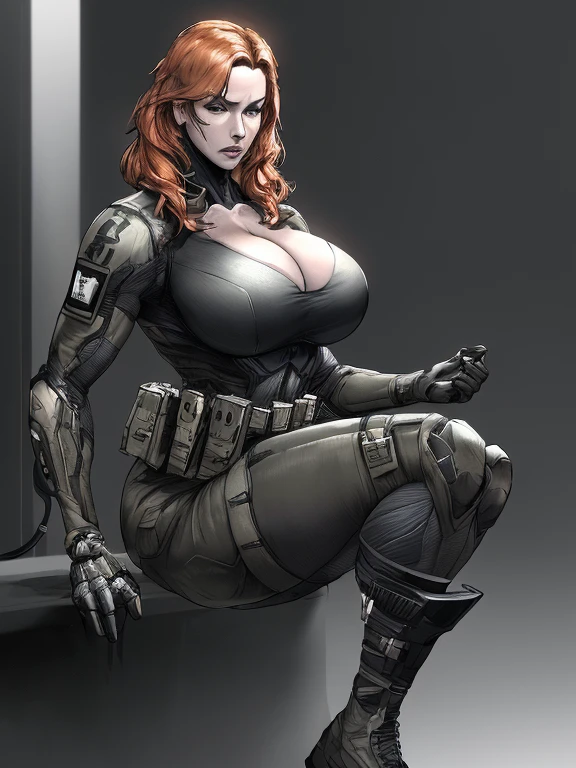 Christina Hendricks as an Metal Gear Solid Character, alluring 48 year old woman, High-quality facial research of Christina Hendricks, (Christina's sculpted cheekbones and slight wrinkles around the face), High-quality detailed research of Christina Hendricks voluptuous figure, large breasts, buxom chested. Skin-tight black leather suit, utility belt, boots. Whole body, Casual pose, Beautiful pose, (Extremely detailed CG 8k wallpaper), (Extremely delicate and beautiful), (Masterpiece), (Best quality: 1.0), (Ultra-high resolution: 1.0), Beautiful lighting, Perfect lighting, Realistic shadows, [high resolution], Detailed skin, Super detailed (((Colorful))), Digital art, metal gear solid concept art, full body concept art, Expert concept art with high detail, concept-art, stealth game concept art, concept-art, Yoji Shinkawa style, Video game concept art, 4K, full body portrait
