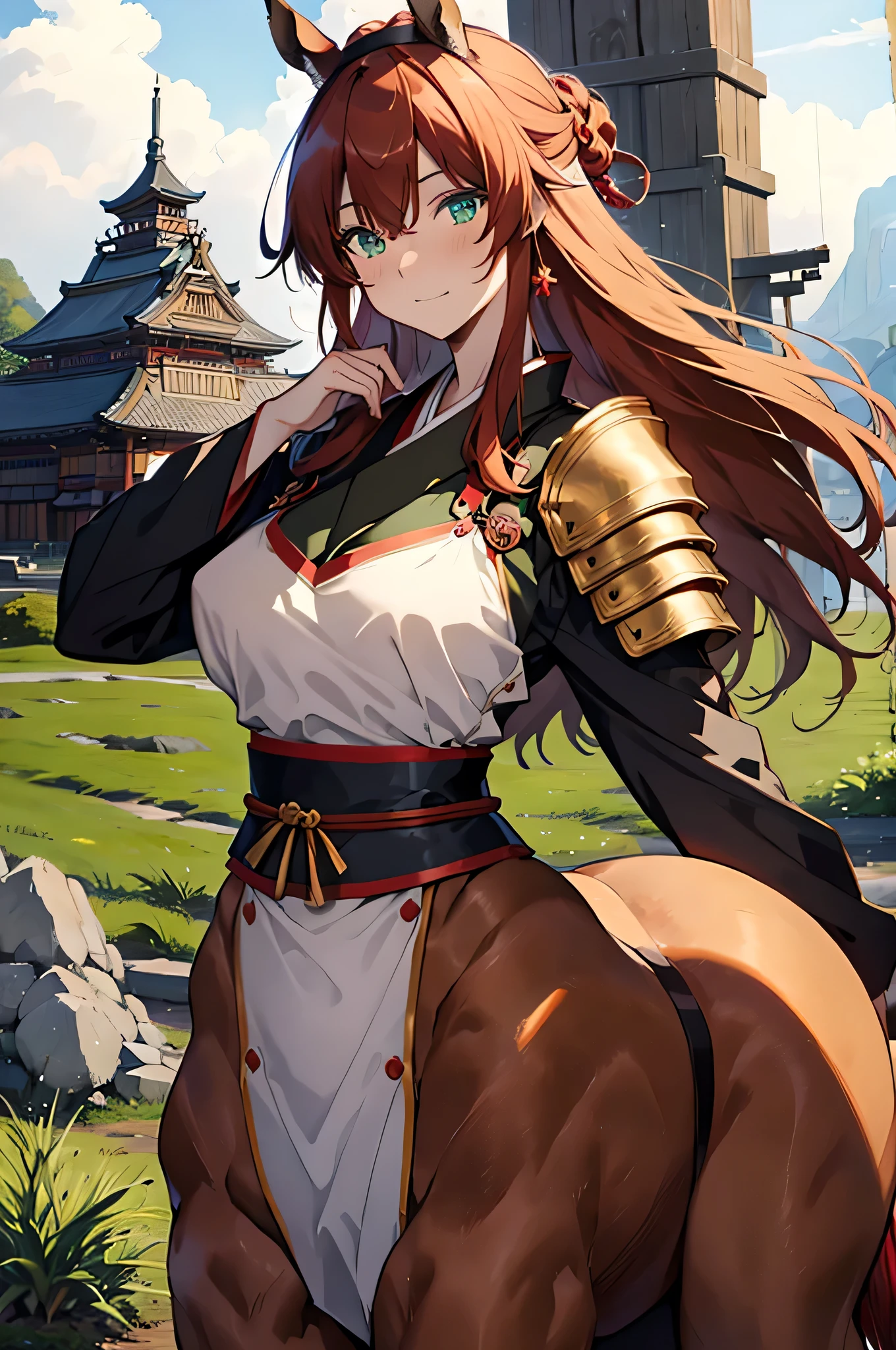 4K,High resolution,One Woman,centaur,Red Hair,long hair,Green Eyes,Brown fur,Samurai,白色のSamuraiの鎧,Full Armor,hair band,Jewelry decoration,Big Japan sword,Japanese Castle Town