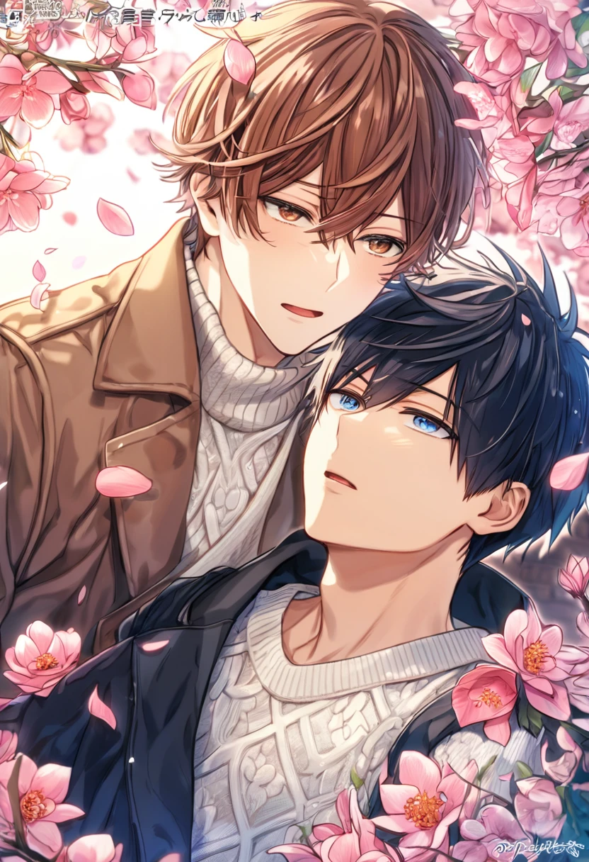 absurdres, highres, ultra detailed, HDR, master piece, best quality, Uenoyama Ritsuka, black hair, expressive blue eyes, Given, Sato Mafuyu, pik-brown hair, expressive brown eyes, two sexy men together, yaoi, gay couple, handsome, brown coat, white sweater, black coat, fantasy, shining, pink flowers, pink blossoms, pink butterflies, pink petals