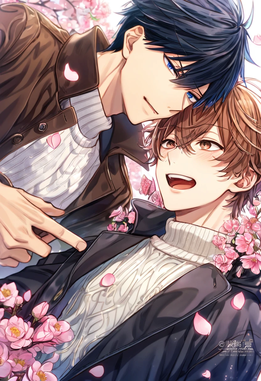 absurdres, highres, ultra detailed, HDR, master piece, best quality, Uenoyama Ritsuka, black hair, expressive blue eyes, Given, Sato Mafuyu, pik-brown hair, expressive brown eyes, two sexy men together, yaoi, gay couple, handsome, brown coat, white sweater, black coat, fantasy, shining, pink flowers, pink blossoms, pink butterflies, pink petals