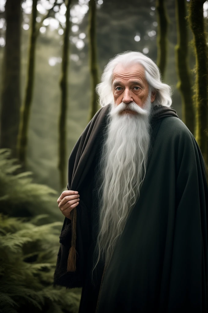 Elderly wizard or wizard looking in the mirror in a magical forest