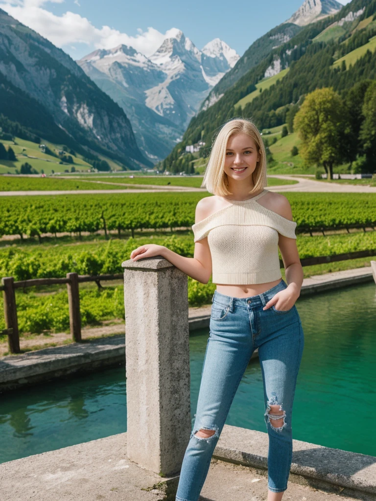 her name is Marie, 1girl, ((20-year-old fit Caucasian woman)), ((20 years old)), ((fit)), , ((pale skin tone)), ((medium length straight blonde hair)), wearing a cut-out shoulder knit sweater with patchwork denim jeans, smiling, pose: standing, background: Write about the serene beauty of Switzerland's Lake Geneva, surrounded by the majestic Alps and dotted with charming lakeside towns and vineyards