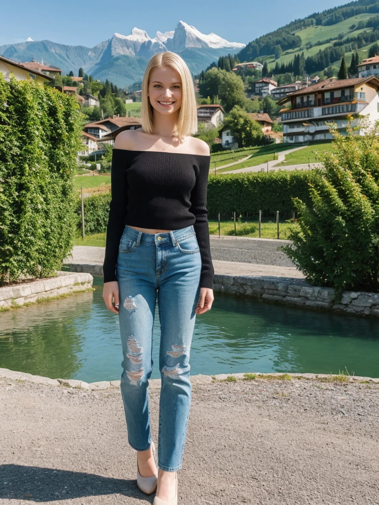 her name is Marie, 1girl, ((20-year-old fit Caucasian woman)), ((20 years old)), ((fit)), , ((pale skin tone)), ((medium length straight blonde hair)), wearing a cut-out shoulder knit sweater with patchwork denim jeans, smiling, pose: standing, background: Write about the serene beauty of Switzerland's Lake Geneva, surrounded by the majestic Alps and dotted with charming lakeside towns and vineyards