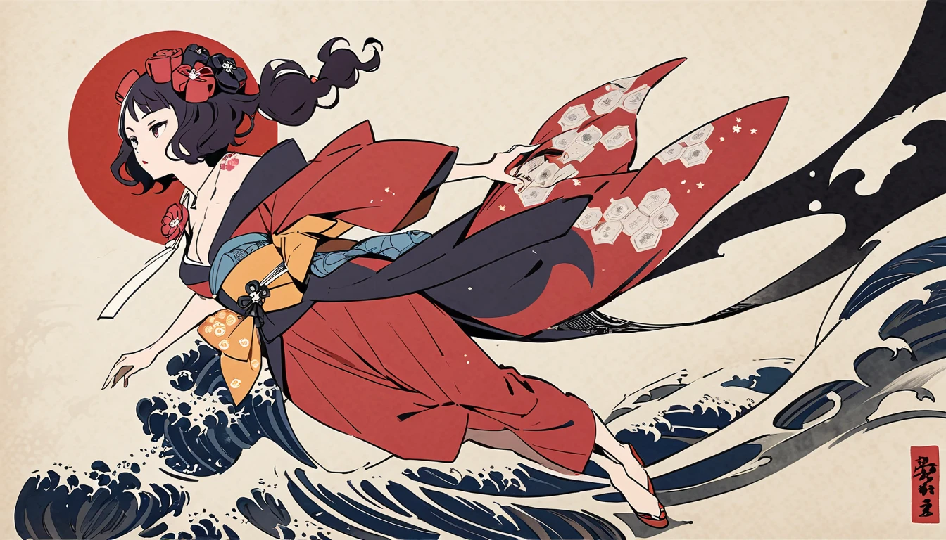 Katsushika Hokusai, Ink Painting, (((Red Kimono))), (((whole body))), peony, flower tattoo on shoulder, Long Hair, Delicate and precise, Thor, Modern ukiyo-e style,