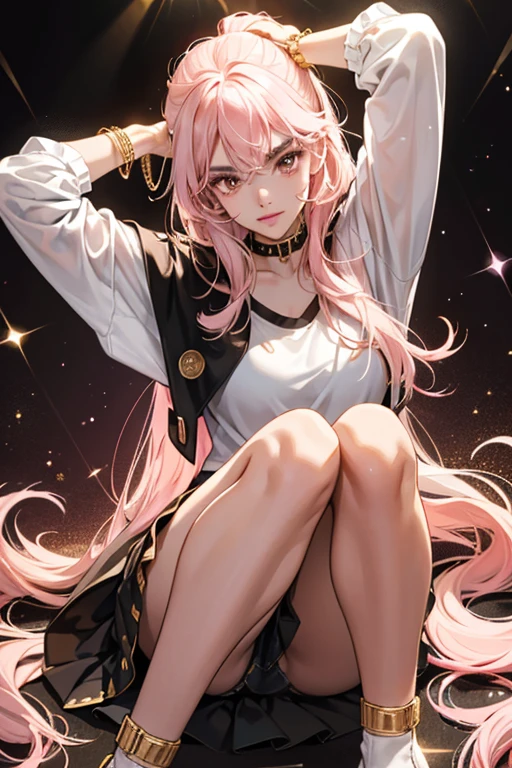 D.J. has brown skin, dark brown eyebrows, light pink lips and brown eyes. Her light pink hair is worn on the top of her head in a large swirl streaked with a darker pink. She has glittery brown eyes, and metal light pink hair in the same style with a gold streak. She wears a white t-shirt with black lines around the collar and sleeves, a gold no-sleeved jean jacket, a black skirt, a studded gold bracelet, a black chain around her neck, and gold flats with white soles. SPARKLE; GLITTER
