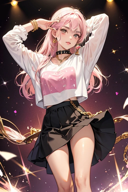 D.J. has brown skin, dark brown eyebrows, light pink lips and brown eyes. Her light pink hair is worn on the top of her head in a large swirl streaked with a darker pink. She has glittery brown eyes, and metal light pink hair in the same style with a gold streak. She wears a white t-shirt with black lines around the collar and sleeves, a gold no-sleeved jean jacket, a black skirt, a studded gold bracelet, a black chain around her neck, and gold flats with white soles. SPARKLE; GLITTER